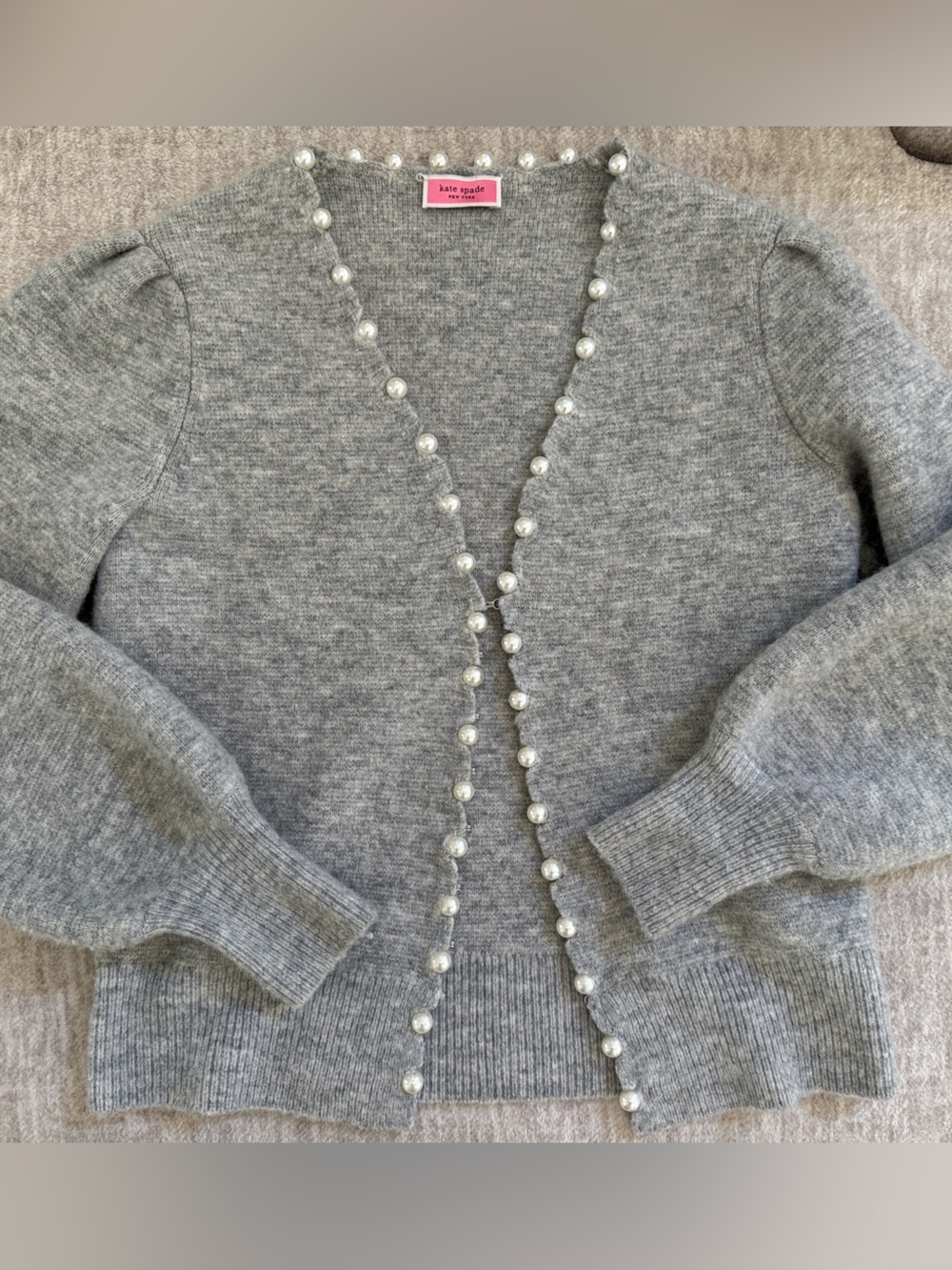 Kate Spade New York Gray Pearl Heart Embellished Wool Cashmere Cardigan XS